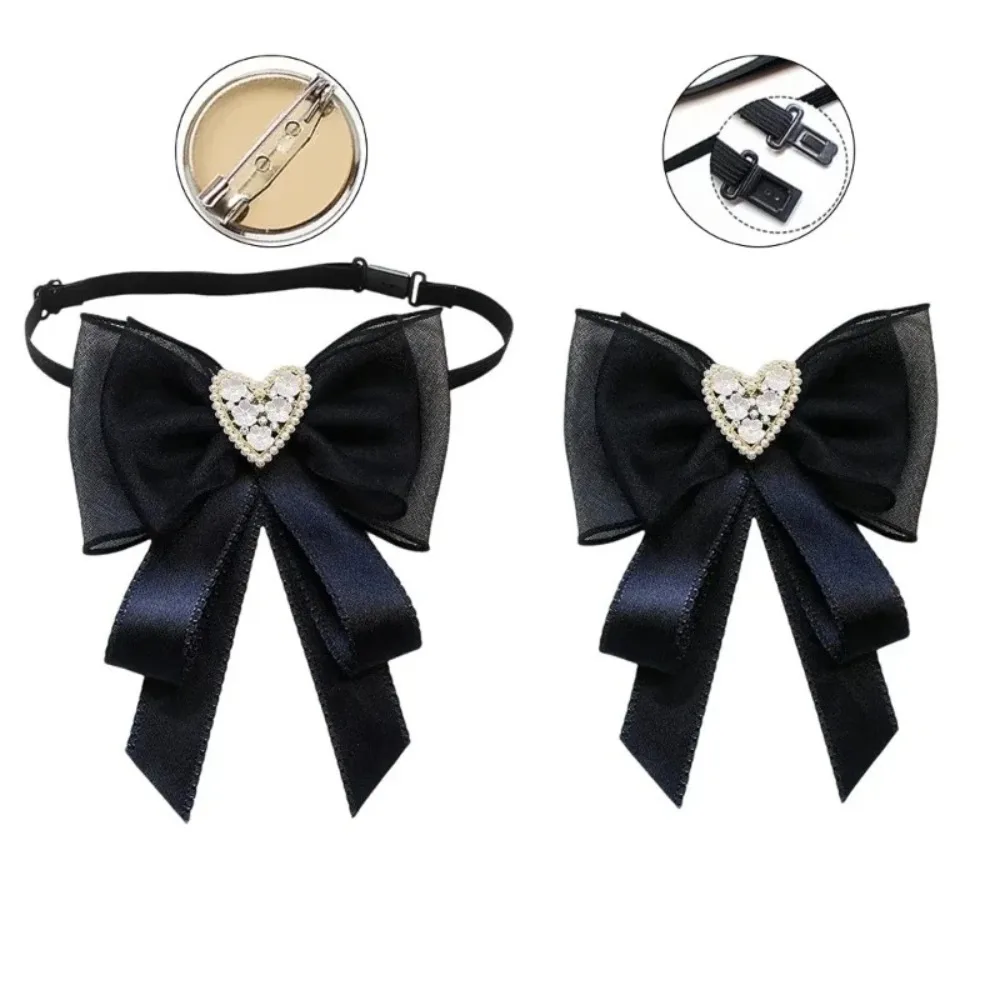 Elegant Lace Ribbon Bowtie College Style Korean Fabric Bow Brooches Black Student Shirt Collar Rhinestones Jewelry Women Girl