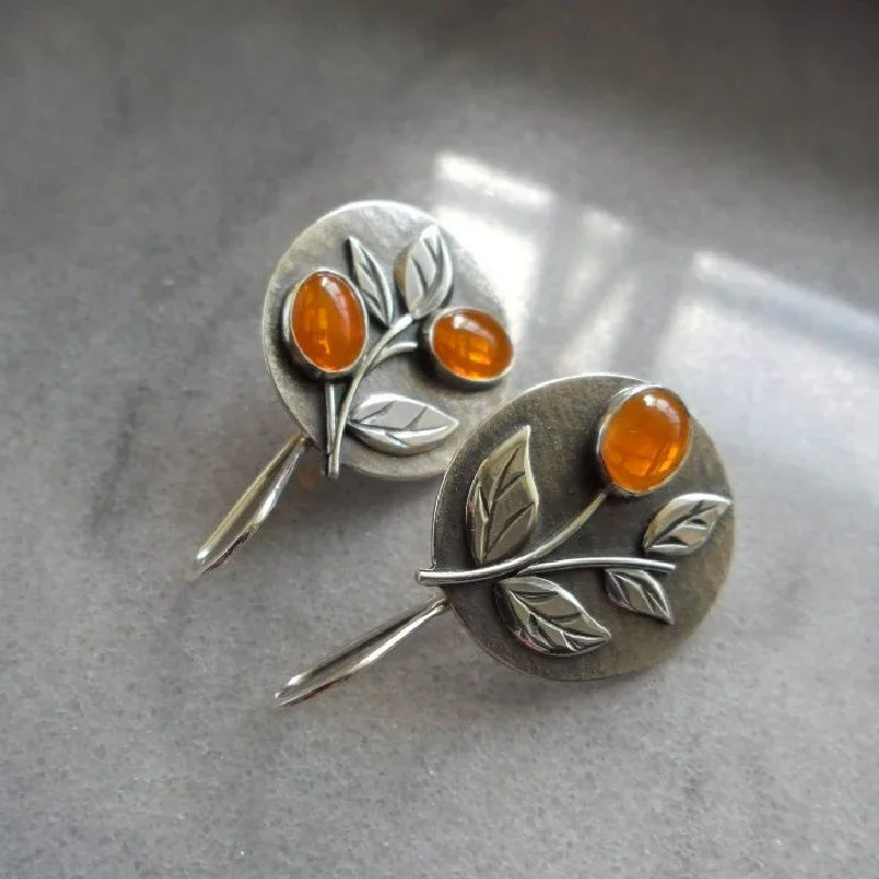 Vintage Silver Color Leaf Orange Stone Earring Engraved Oval Metal Plant Hook Earrings for Women Jewelry
