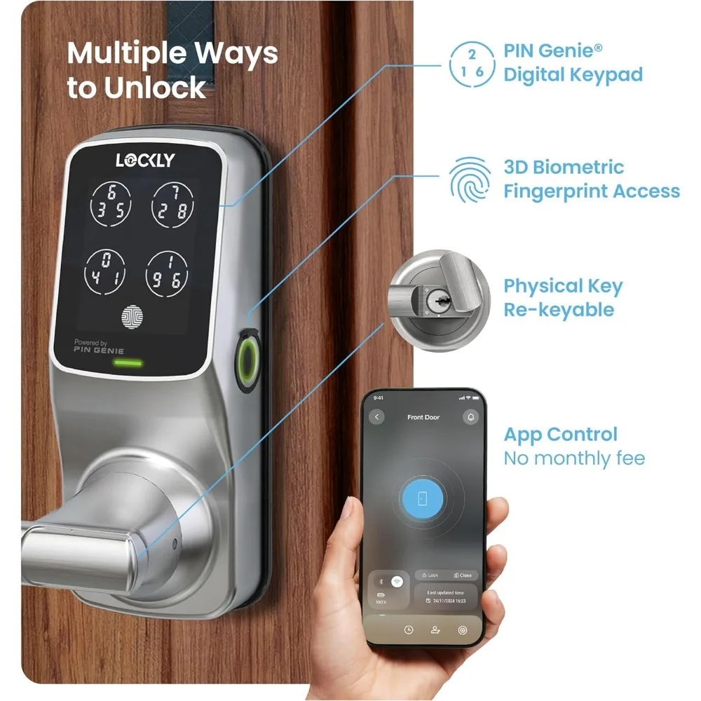 Inteligentny zamek do drzwi Secure Pro Smart Lock Wi-Fi, bezkluczykowy zamek z cyfrową klawiaturą, biometryczny czujnik odcisków palców 3D do drzwi wejściowych z klamką, Vo