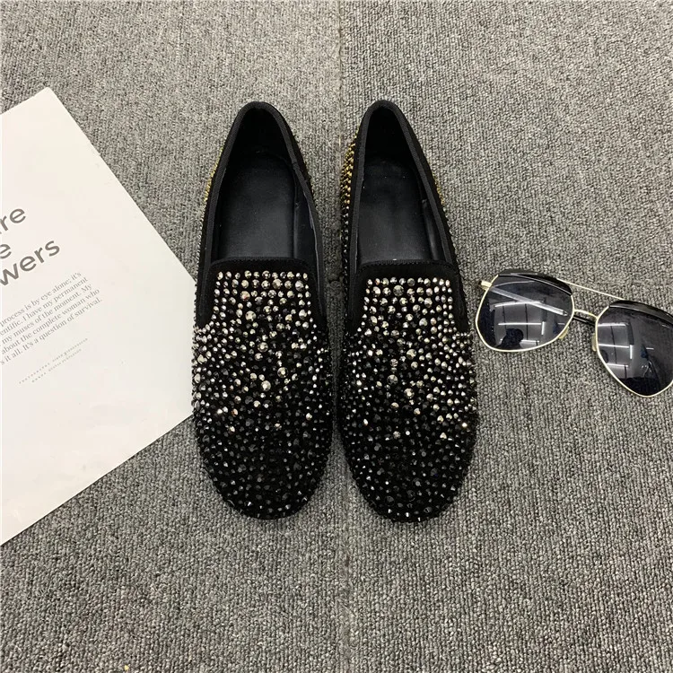 Gold Black Strass Loafers Men Moccasins Crystals Suede Dress Shoes Flats Slippers Casual Shoes Mix Rhinestones men casual shoes