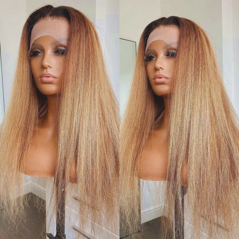 Yaki Ombre Honey Blonde 30Inch Long Kinky Straight Lace Front Wig For Black Women Baby Hair Synthetic Preplucked Glueless Daily