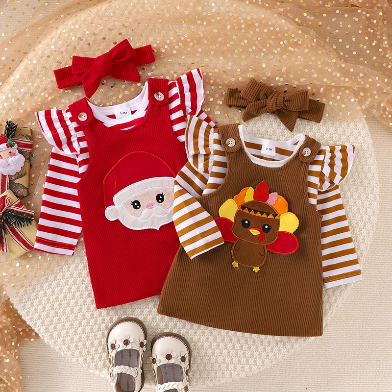 

Baby Girl Thanksgiving/Christmas Outfits Stripe Long Sleeve Romper Turkey/Santa Embroidery Suspender Dress Headband 3Pcs Set