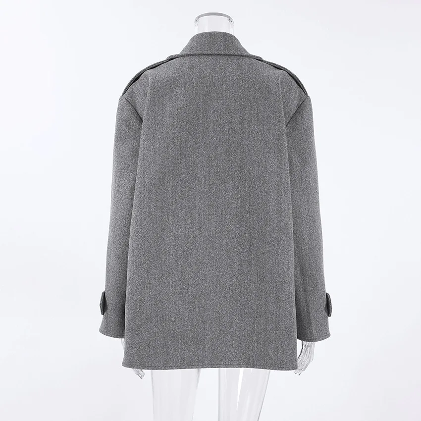 رمادي مزدوجة الصدر مزيج الصوف معطف المرأة التلبيب كم طويل جيوب سترات رجالي 2026 الخريف سيدة اليومية ركاب ملابس خارجية