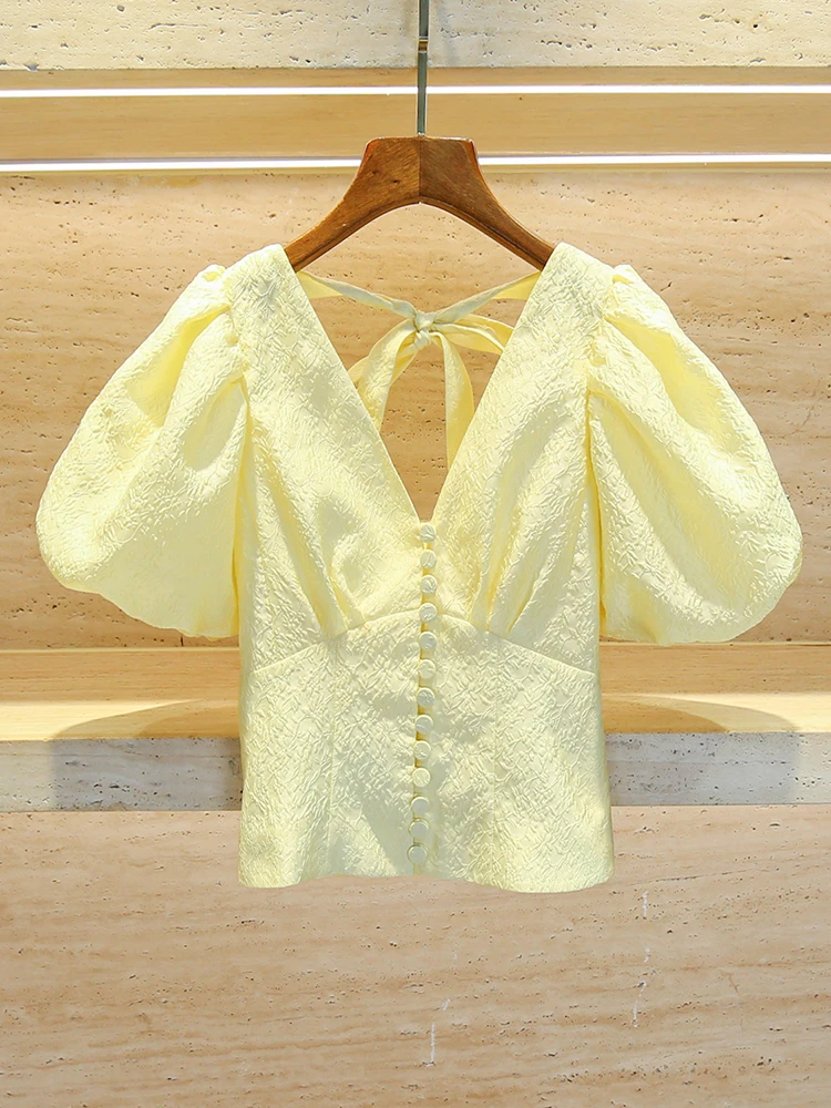 

Sweet Sle V-Ne Bubble Sve Embroidered irt Women's Premium Faion Top for Early Autumn 2024 SP Home South Oil