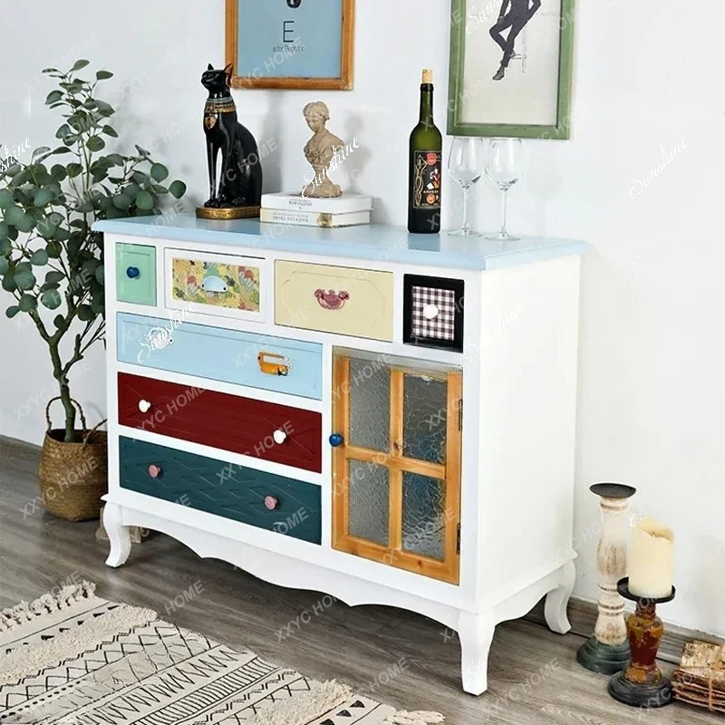 

L country solid wood five-bucket cabinet Mediterranean bedroom storage simple locker