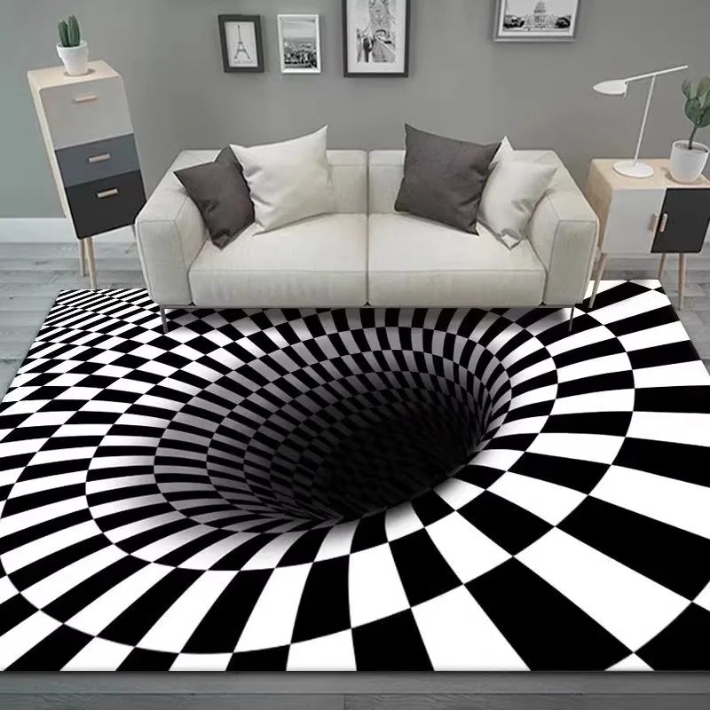 

5D Special Effects Living Room Decorative Carpet Abstract Black White Plaid Bedroom Carpet Funny Interesting Easy To Care Rug IG