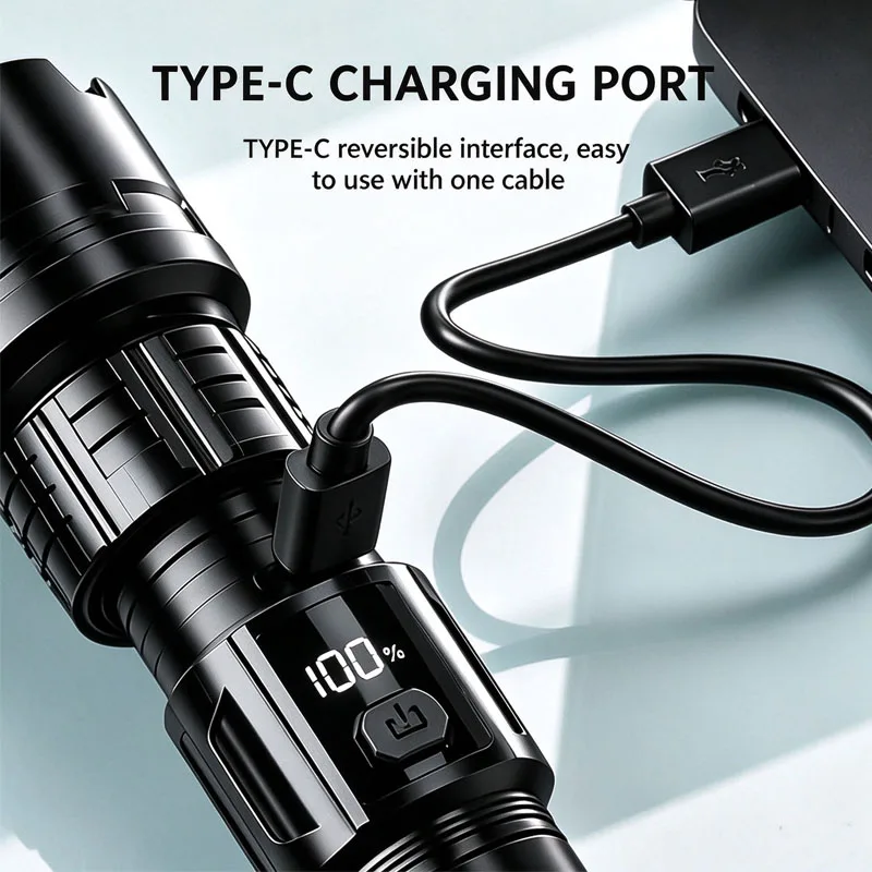 Super Bright White Laser Flashlight Adjustable Focus Tactical Torch Digital Screen Power Indicator Rechargeable Resistant for
