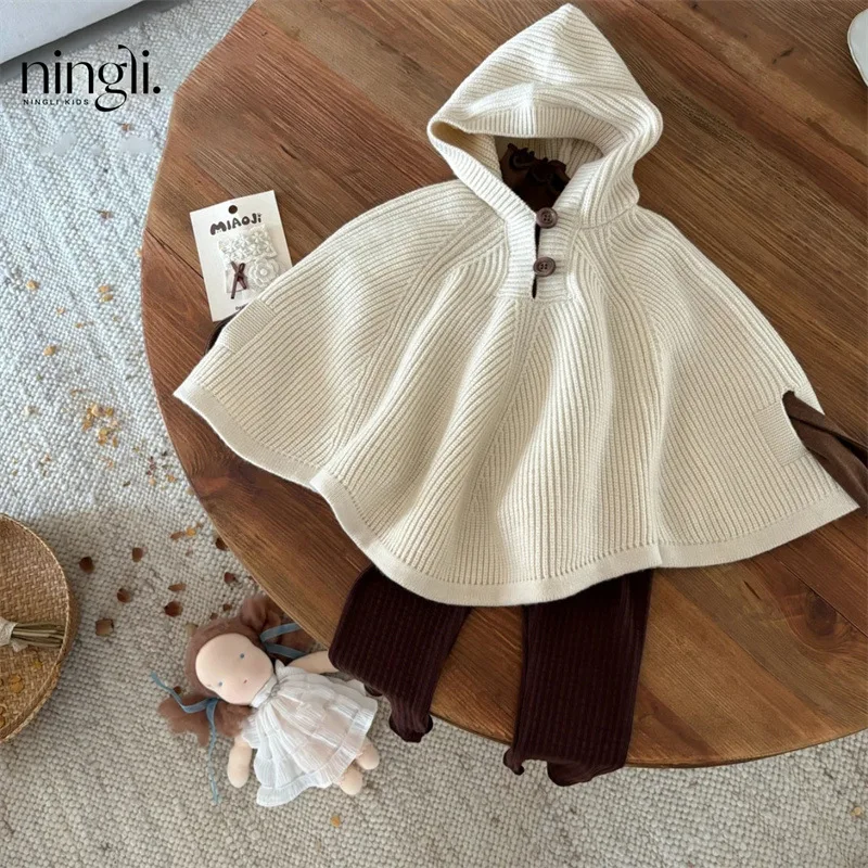 Autumn Children24New Baby Windproof Hood Knitwear Sweater Western Style Solid Color Cape Cloak