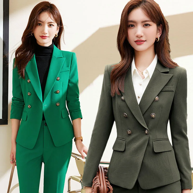 

Long Sleeve Short Chic Elegant Slim Green Suit Jacket Two-Piece Set Apricot Work Uniforms Formal Wear