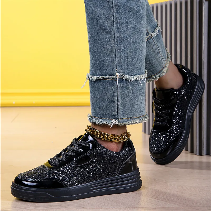 Fashion Golden Women’s Skateboard Shoes Plus Size 42 Lace Up Shiny Shoes Women Casual Vulcanize Sneakers For Women zapatos mujer