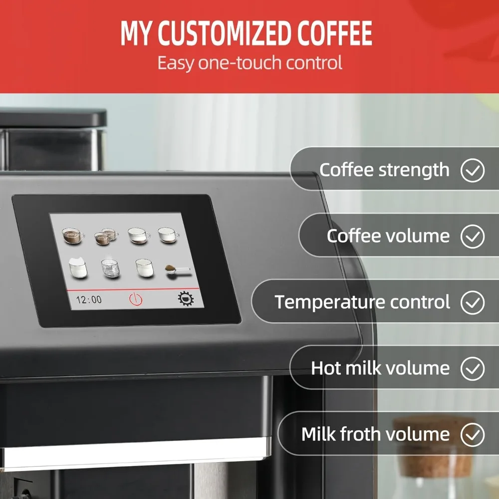 Máquina de café expreso totalmente automática, Espumador de leche, molinillo incorporado, pantalla táctil intuitiva, 7 variedades de café para el hogar