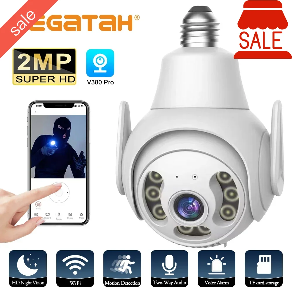 

PEGATAH E27 Bulb 1080P Wifi Surveillance Cam 4X Digital Zoom Auto Human Tracking Full Color Night Vision Indoor Security Monitor