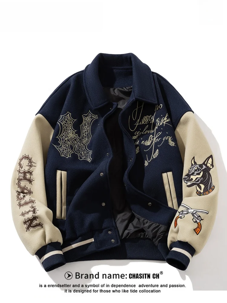 

American Sle Heavyweight Embroidered Collar Baseball Jaet Men's Trendy Streetwear Pilot Coat Couple's Woolen Outerwear