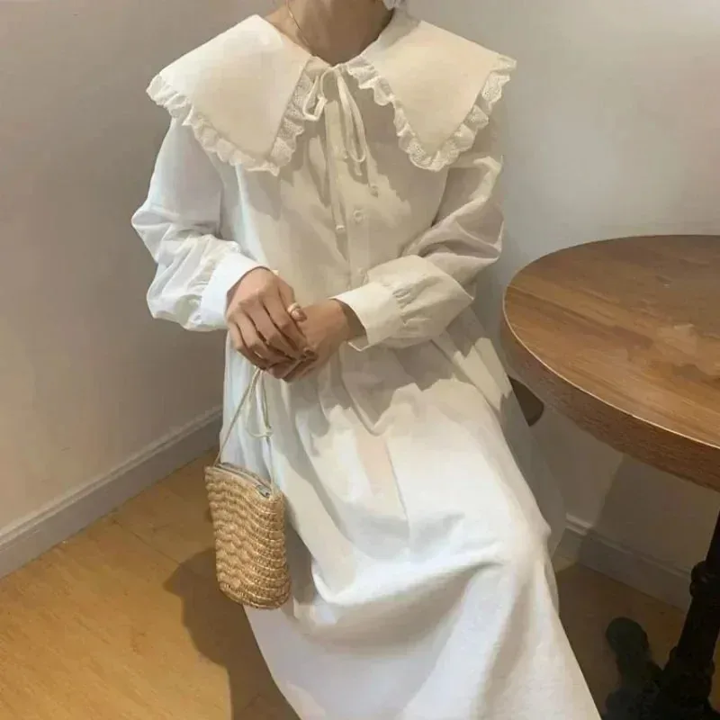 Sweet White Dress Women Spring Long Sleeve Fairy Peter Pan Collar Lace Elegant Solid Maxi Length Retro Chic Y2k Vintage Dress