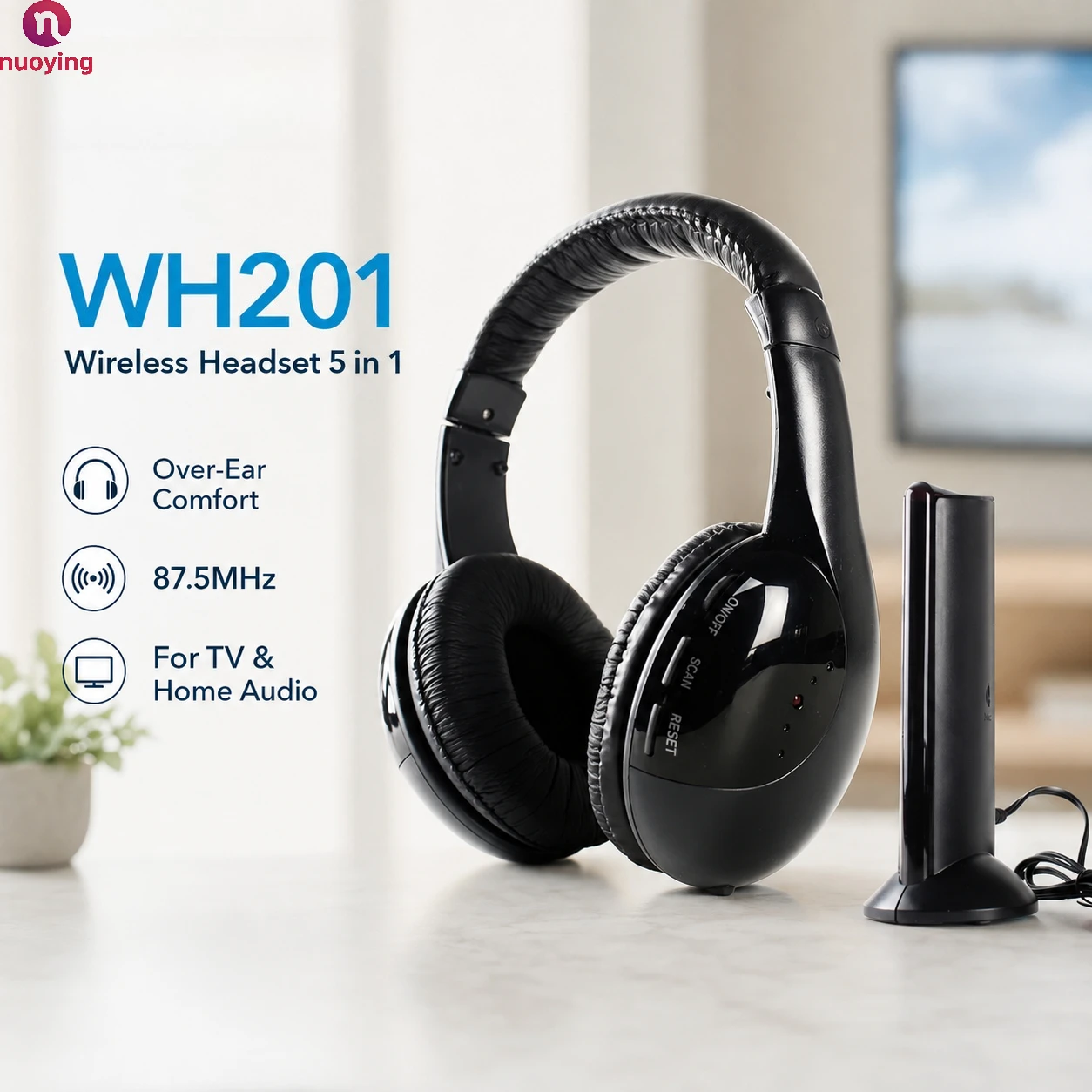 Nuove Cuffie Wireless Over-Ear 5-in-1, Radio TV RF 87.5MHz con Base Trasmettitore, Cuffie Stereo a Doppio Uso Cablate-Wireless per Audio Domestico e T