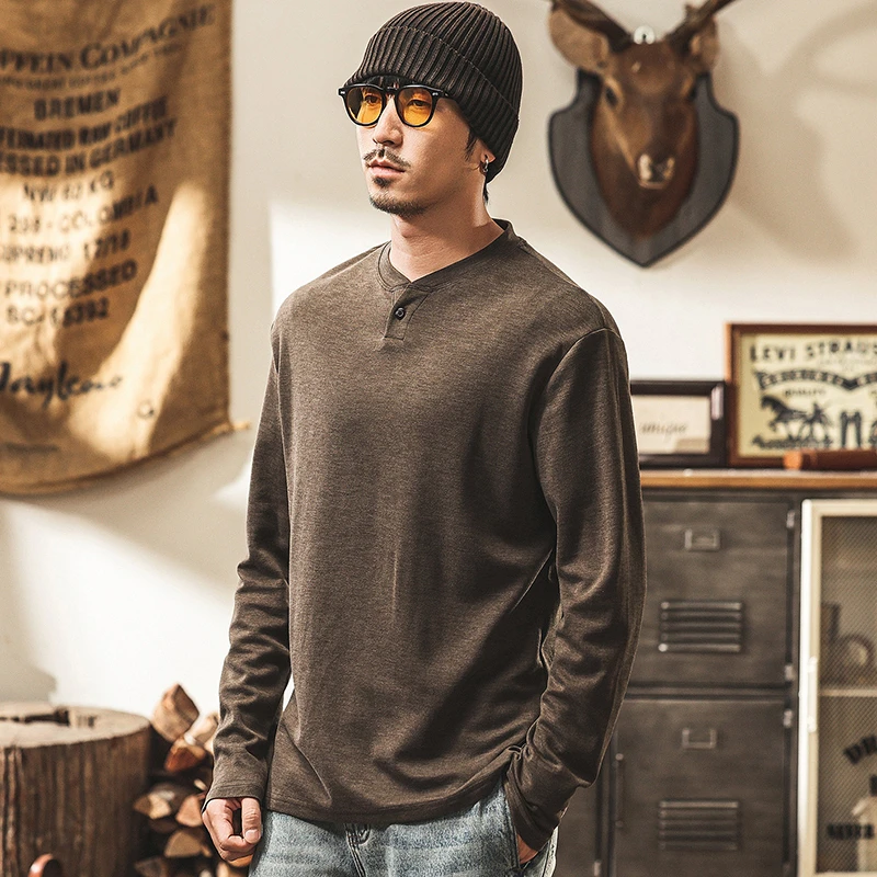 Men's Long Sleeve Casual T-shirts New Arrival 2026 Autumn American Style Henry Collar Solid Color Male Cotton Tops Tees N1019