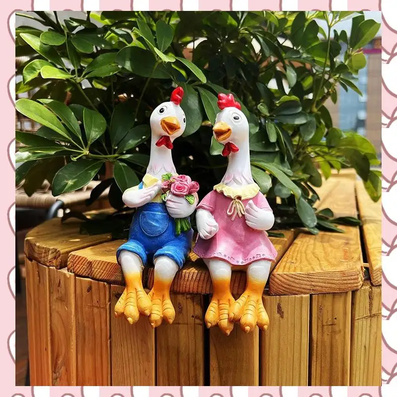 

HHTL 2Piece Couple Duck Garden Statues Cartoon Resin Cute Sitting Chicken Sculpture Gift Decoration For Home A