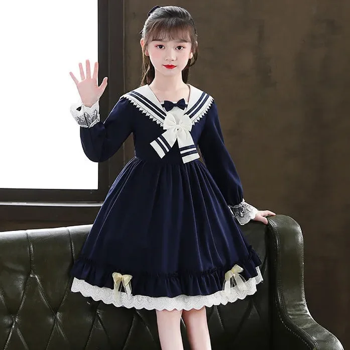 European 2024 Autumn winter girls Clothes retro teens sailor lace party bow-tie uniform Child Princess Dress 7 8 9 10 12 year