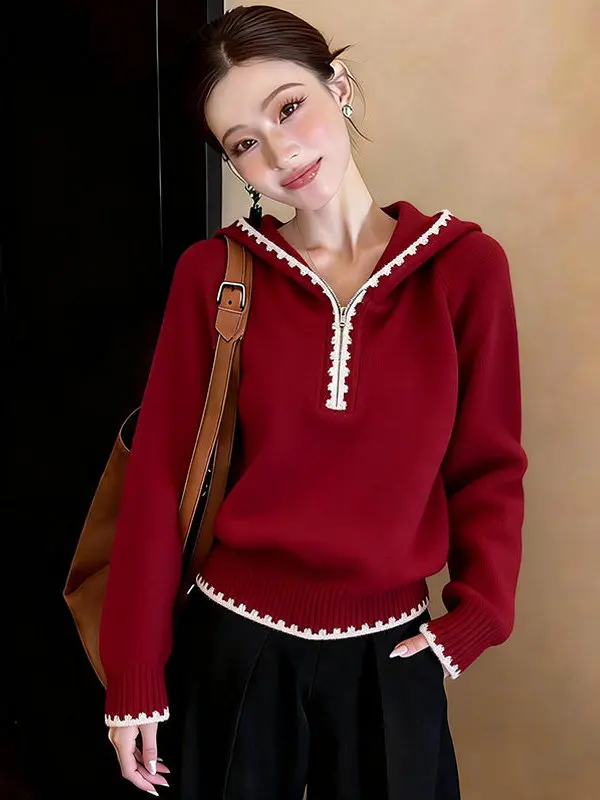 

Red Loose Knitted Sweater with f Zipper Hood Winter Thiened Lazy Match Color Pullover Women's Soft Comfortable Long Sve