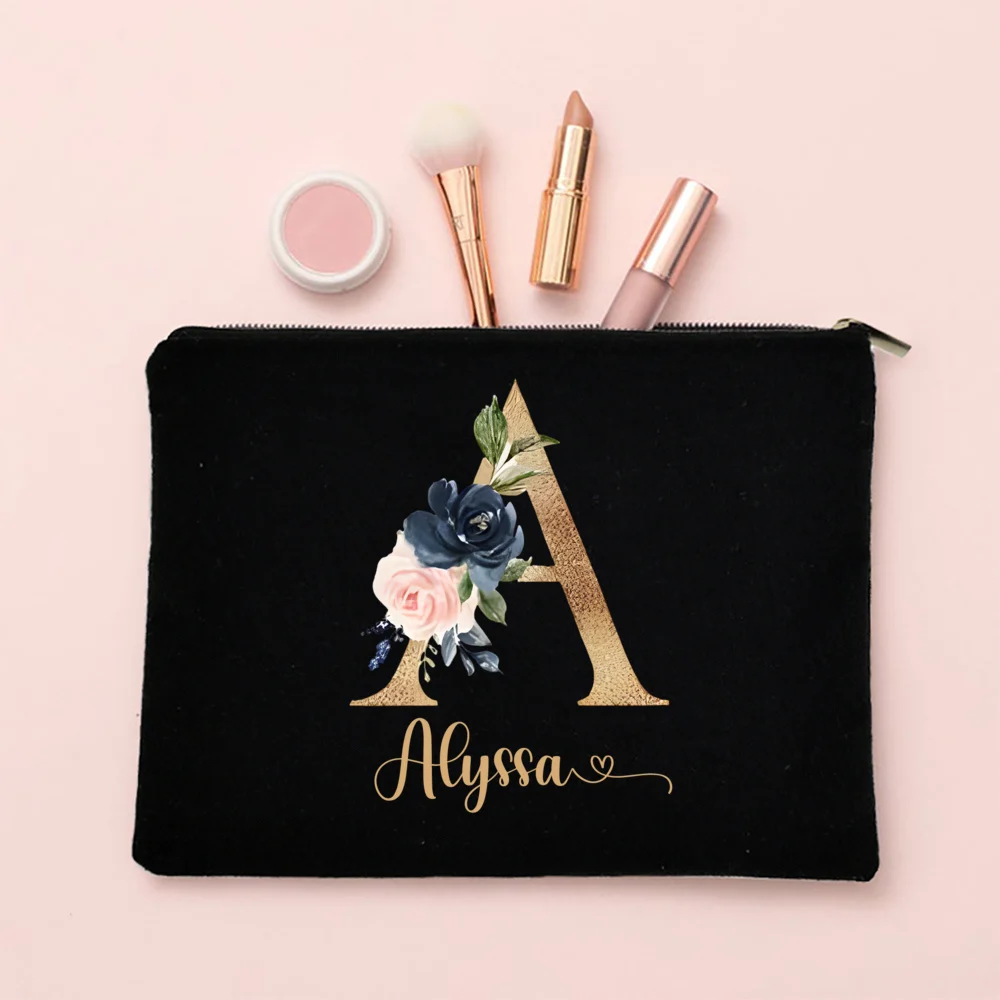 Personalized Makeup Bag Custom Letter with Name Bridesmaid Cosmetic Case Monogram Toiletry Pouch Wendding Birthday Gifts for Her