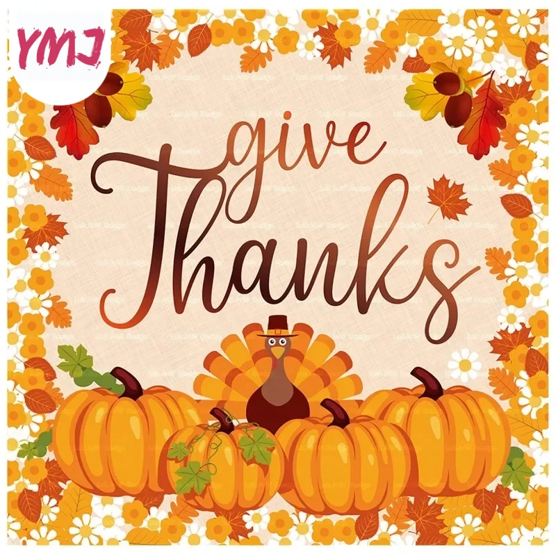 Thanksgiving Elements Pumpkin Autumn Tissue Paper Napkins Yellow Background Turkey Full Page Print Napkins 2-Ply 10/20pcs 33cm