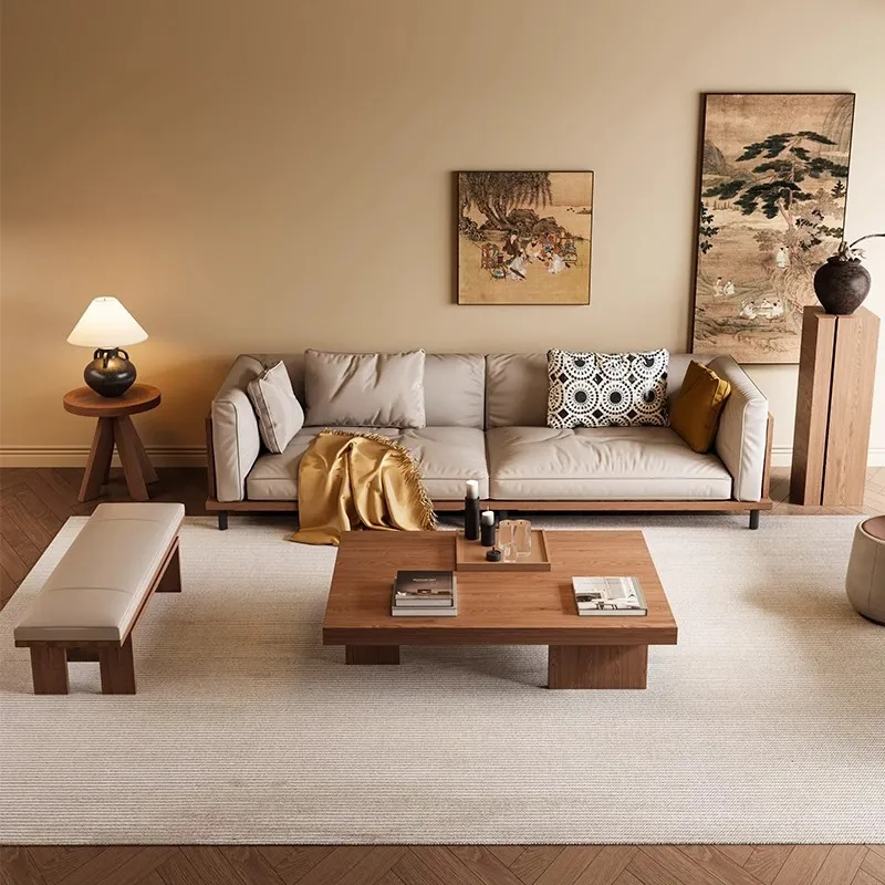 

Modern vision wabi sandy wind simple solid wood straight row fabric sofa coffee table combination living room home 2025 new