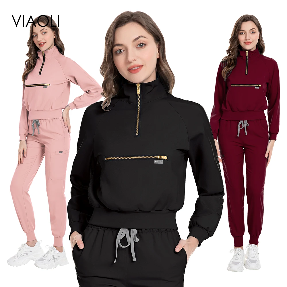 Hospital Clinic Doctor Nurse Surgical Suits Zipper Stand Collar Scrub Uniform Dental Nurse Medical Accessories Pocket Tops Pants