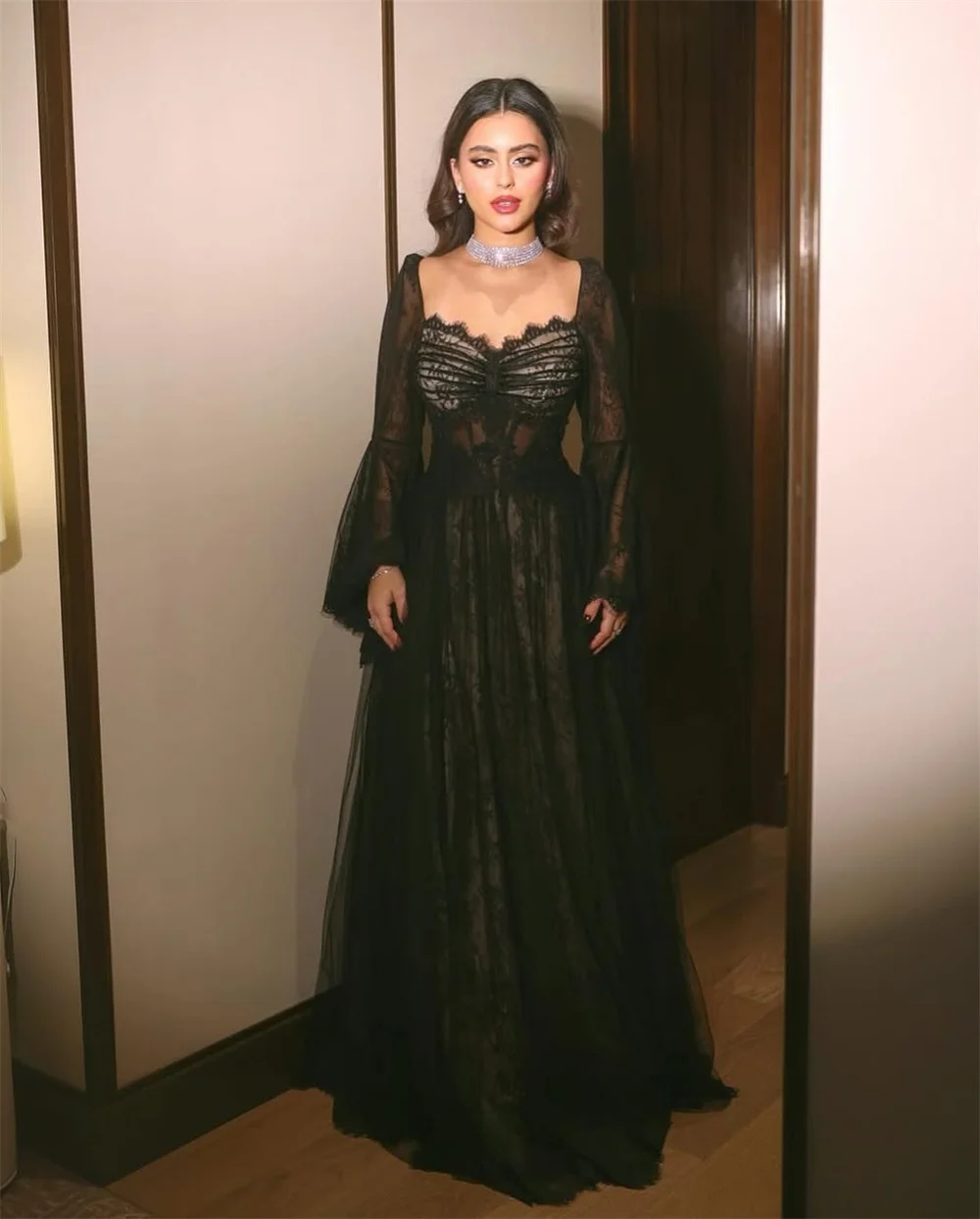 Mila A-Line Long Sleeve Simple Prom Dress Customized Black Lace Luxurious Evening Dresses  Floor-Length vestidos de fiesta 2025