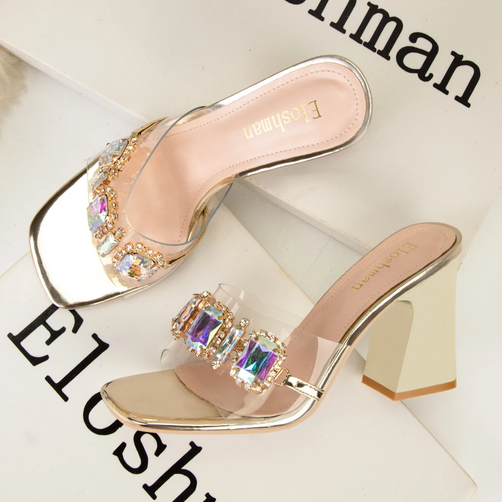 Sexy Party Slippers for Women Mules High Heels Fashion Metal Chain Design PVC Transparent Sandals Ladies Slide Shoes