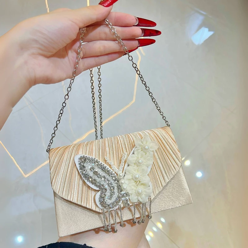 

Luxury Pleated Rhinestone Embellished Evening Bag Butterfly Tassel Dress Bag for Women Chain Banquet Wedding Party Shoulder Bags