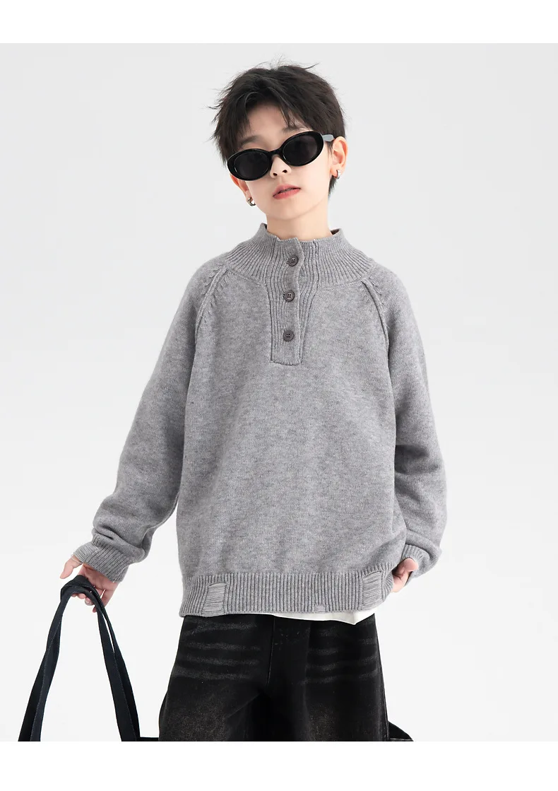 ملابس شتوية للأولاد سترة عصرية ورائعة بنصف رقبة عالية 2025 ملابس أطفال جديدة سترة محبوكة عصرية سميكة #1