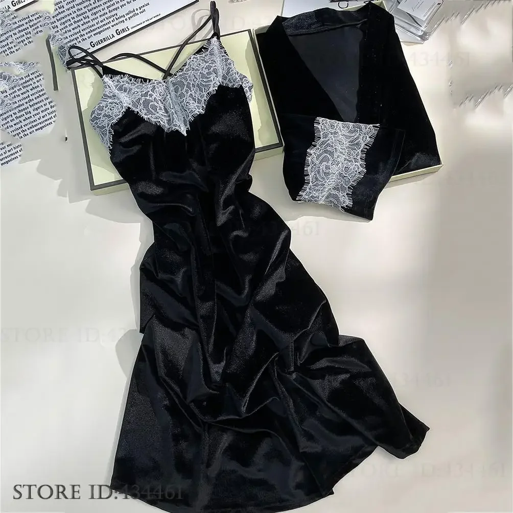 

Black Lace Patchwork Robe Suit Women Long Spaghetti Strap Long Kimono Gown Warm Velour Sleepwear Autumn Winter New Nightdress
