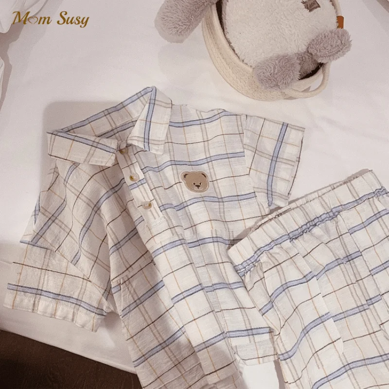 Baby Boy Girl Clothes Set Plaid Shirt+Shorts Cotton Summer Infant Toddler Child Clothing Set Outfit Short Sleeve 1-5Y