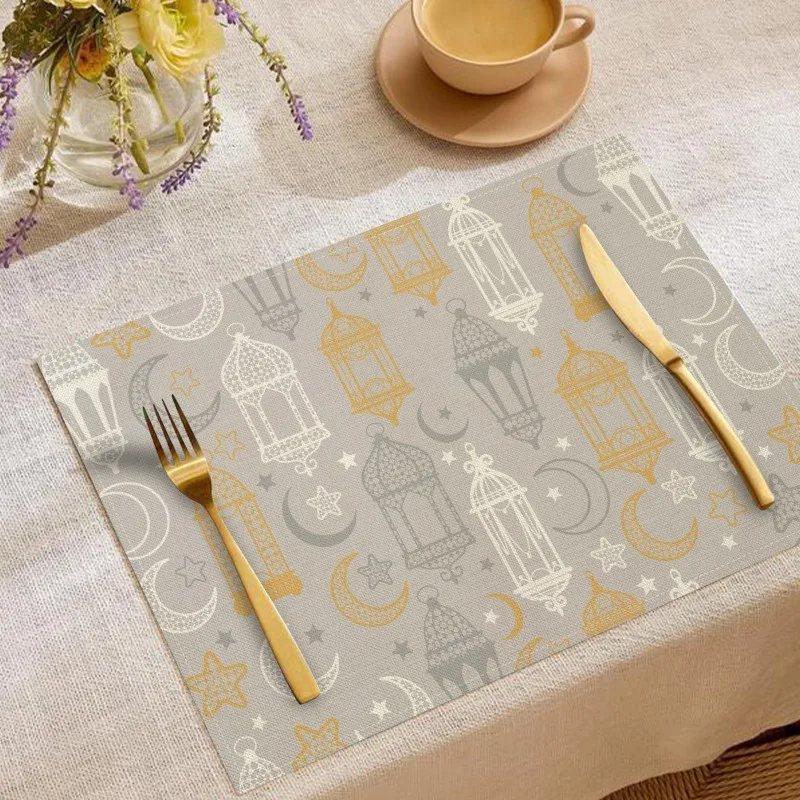 Festive Atmosphere Decoration Western Placemat Moon Oil Lamp Print Linen Meal Mat Tableware Anti Scalding Heat-insulating Mat