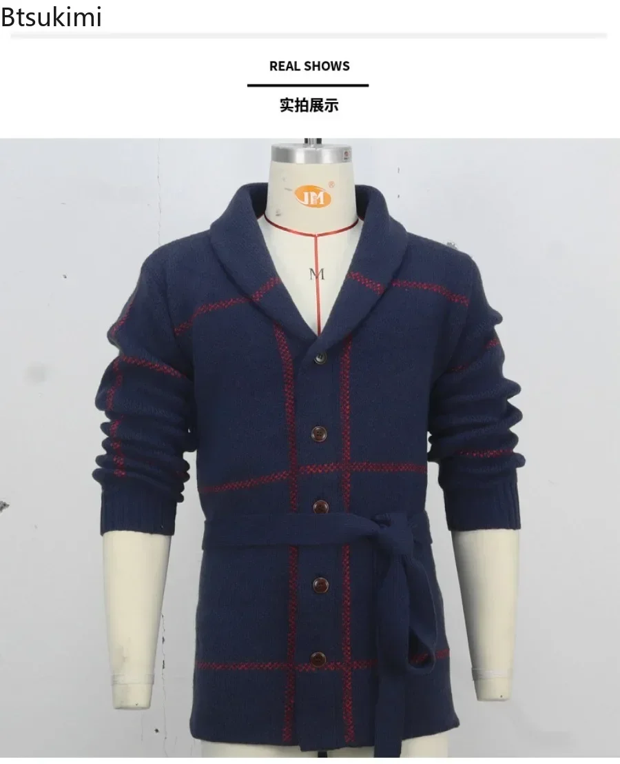 Men Sweaters Vintage Striped Thicken Knitted Buttons Lace-up Cardigan Sweaters Fashion Jacquard Mid-length Sweater Coats for Men