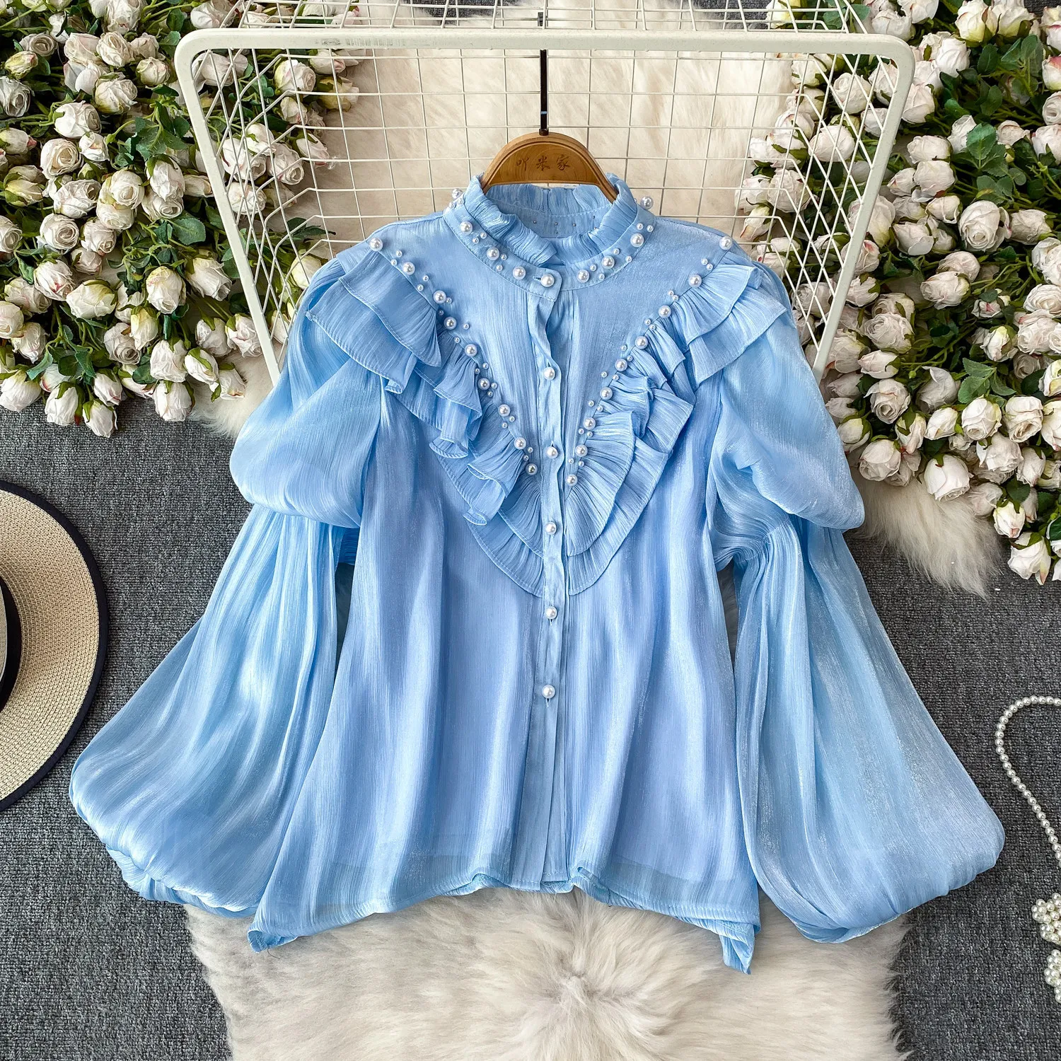 

Luxury Pearl Decor Blue Chiffon Long Sleeve Blouse Women Spring Multi-layer Patchwork Lantern Sleeve Lolita Girlish Shirt Tops