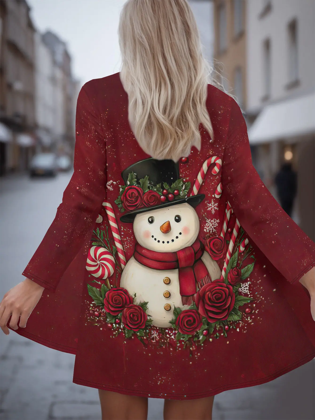 

2025 christmas theme Women's Snowman Rose Cardigan, Burgundy Red 3D Print, Open Front Long Sleeve, Winter Casual Style