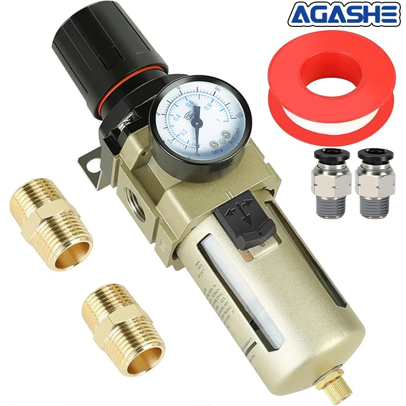 

AGASHE 3/8" NPT Air Filter Regulator Combo,5um Brass Poly Bowl w/Metal Guard,Semi-auto Drain,Bracket,AW3000-03 Air Line Dryer