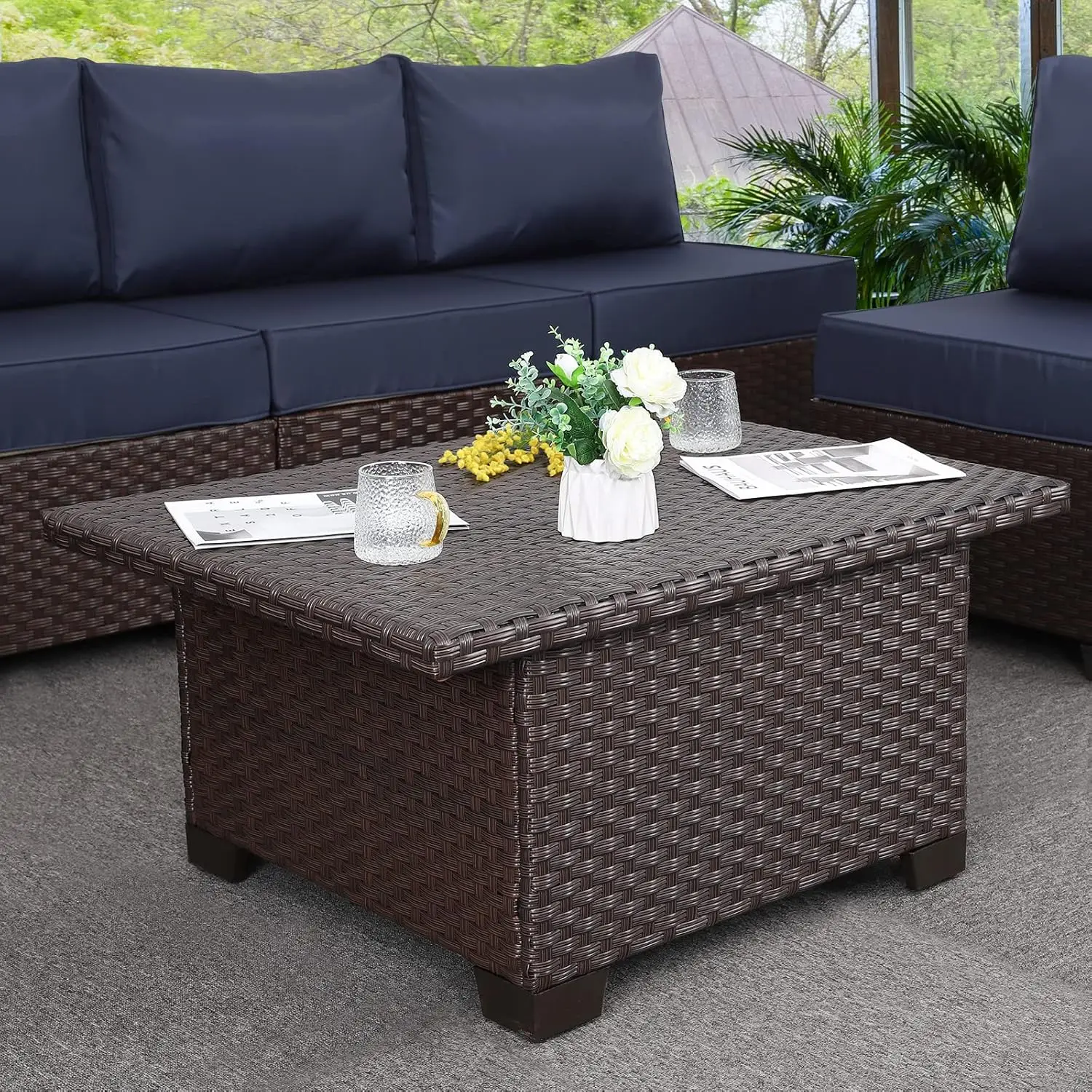 Patio Rattan Coffee Table with Hidden Storage, Wicker Liftable Dinning Table, Versatile Piece of Outdoor Furniture, Brown