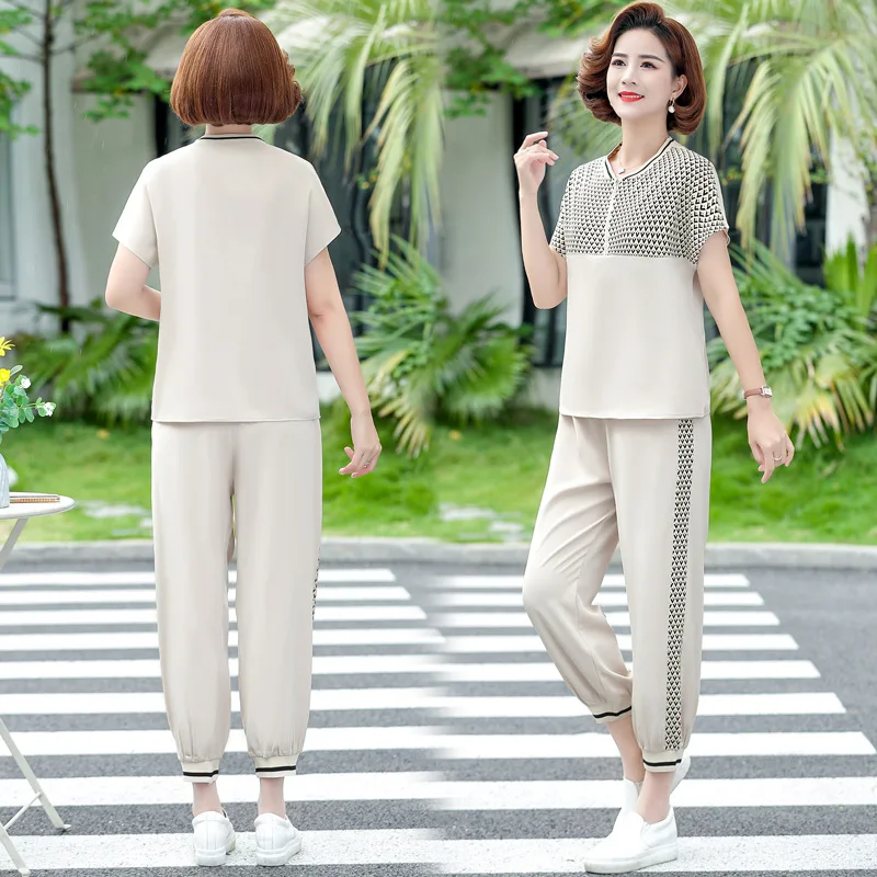 5XL Summer Two Piece Sets Womens Outifits Short-Sleeved Middle-Aged Mother Clothes Elderly Grandma Casual Sports Pant Suits