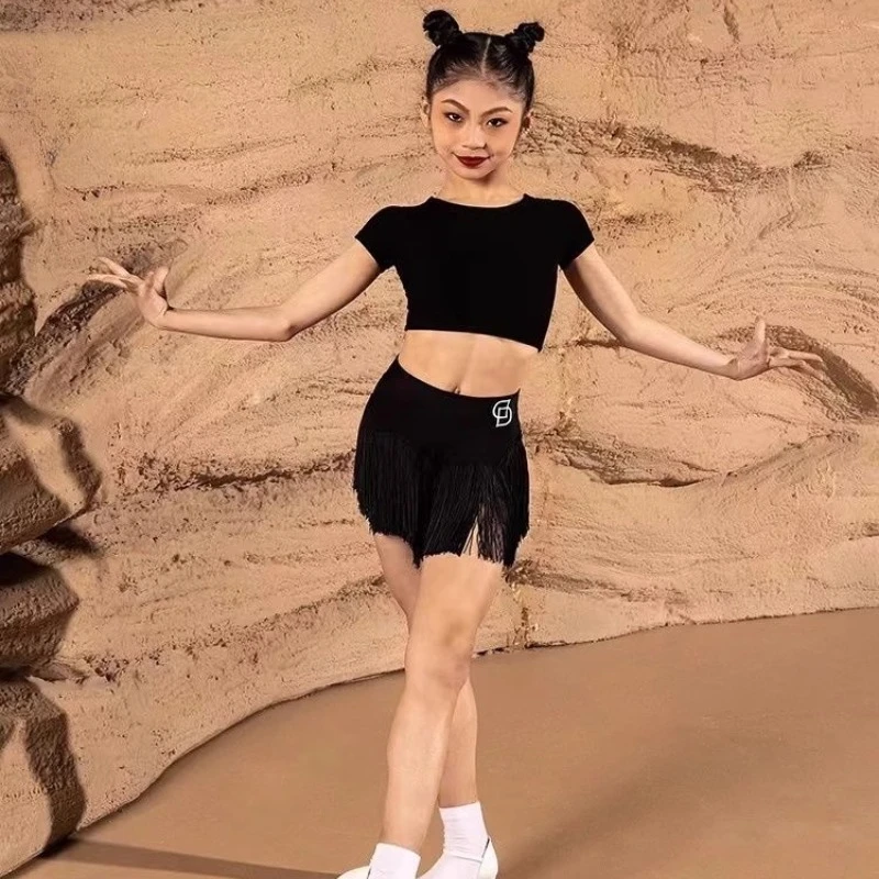 Ensemble de danse latine pour filles, vêtements d'été pour enfants, jupe à franges noire, Cha Cha Rumba Samba, vêtements d'entraînement de danse, nouvelle collection