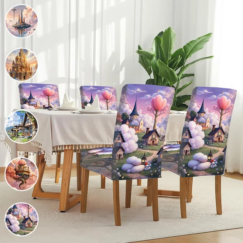 Elastic printed dining chair cover, fantasy fairy tale village pattern, removable and washable non-slip dining chair cover