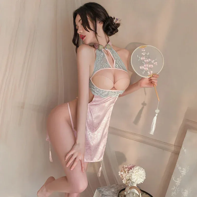 Classical Sexy Open Chest Pink Green Cheongsam Dress Traditional Chinese High Slit Mesh Qipao Skirt Backless Erotic Sleepwear