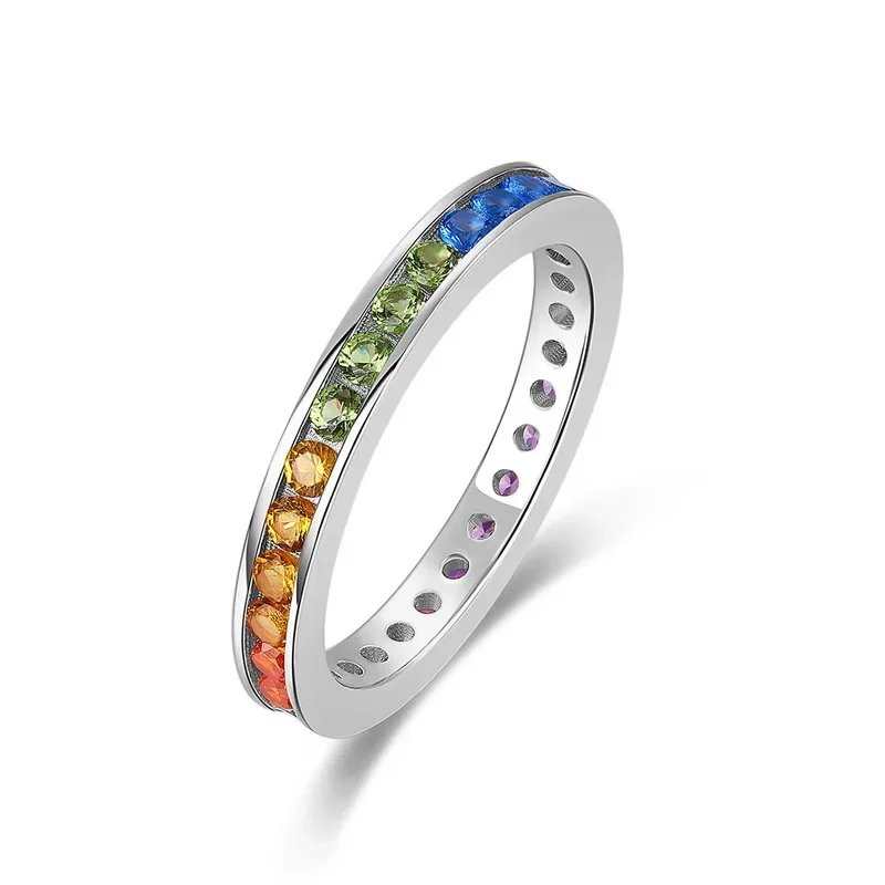 Anillo Simple de circonio colorido fresco para mujer, oro de 18 quilates con incrustaciones de PT950, anillo de circón del arco iris del tesoro de color platino, moda