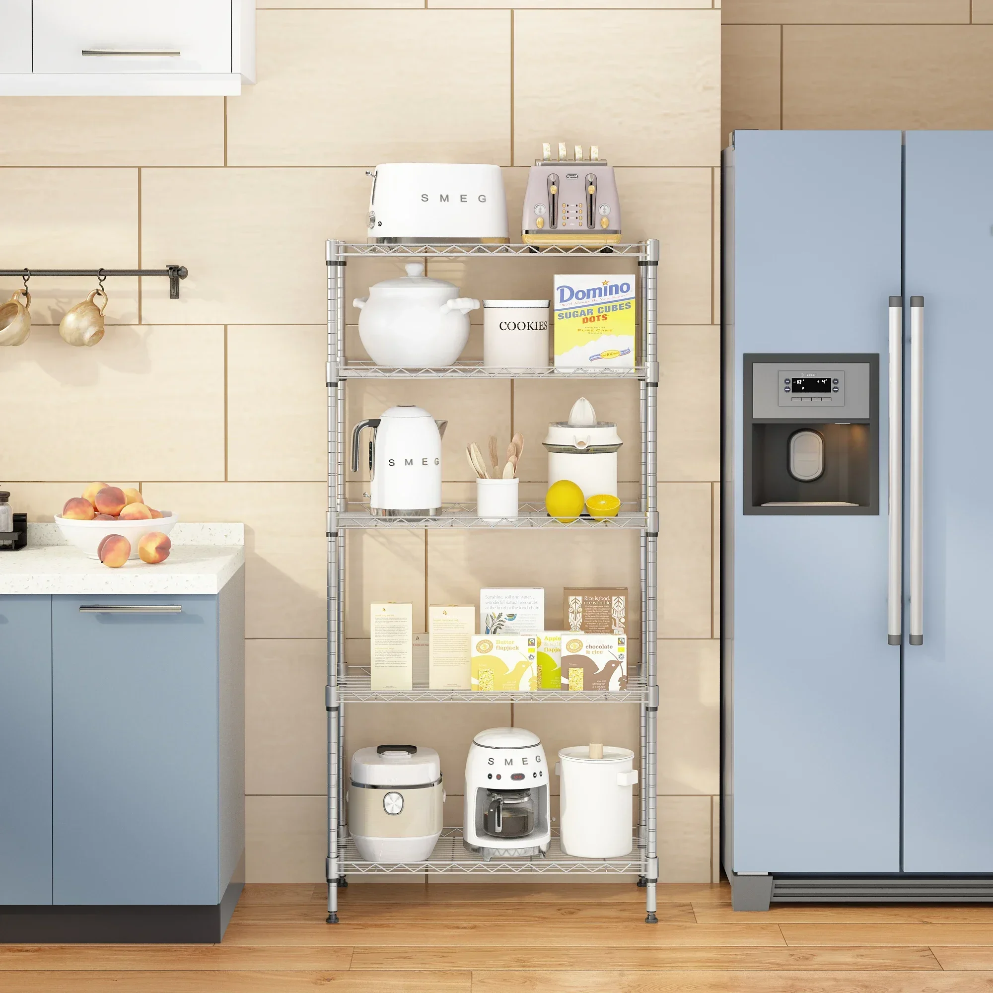 XM-304B رف تخزين مستطيل من الفولاذ الكربوني المعدني مكون من 5 أرفف باللون الفضي والرمادي