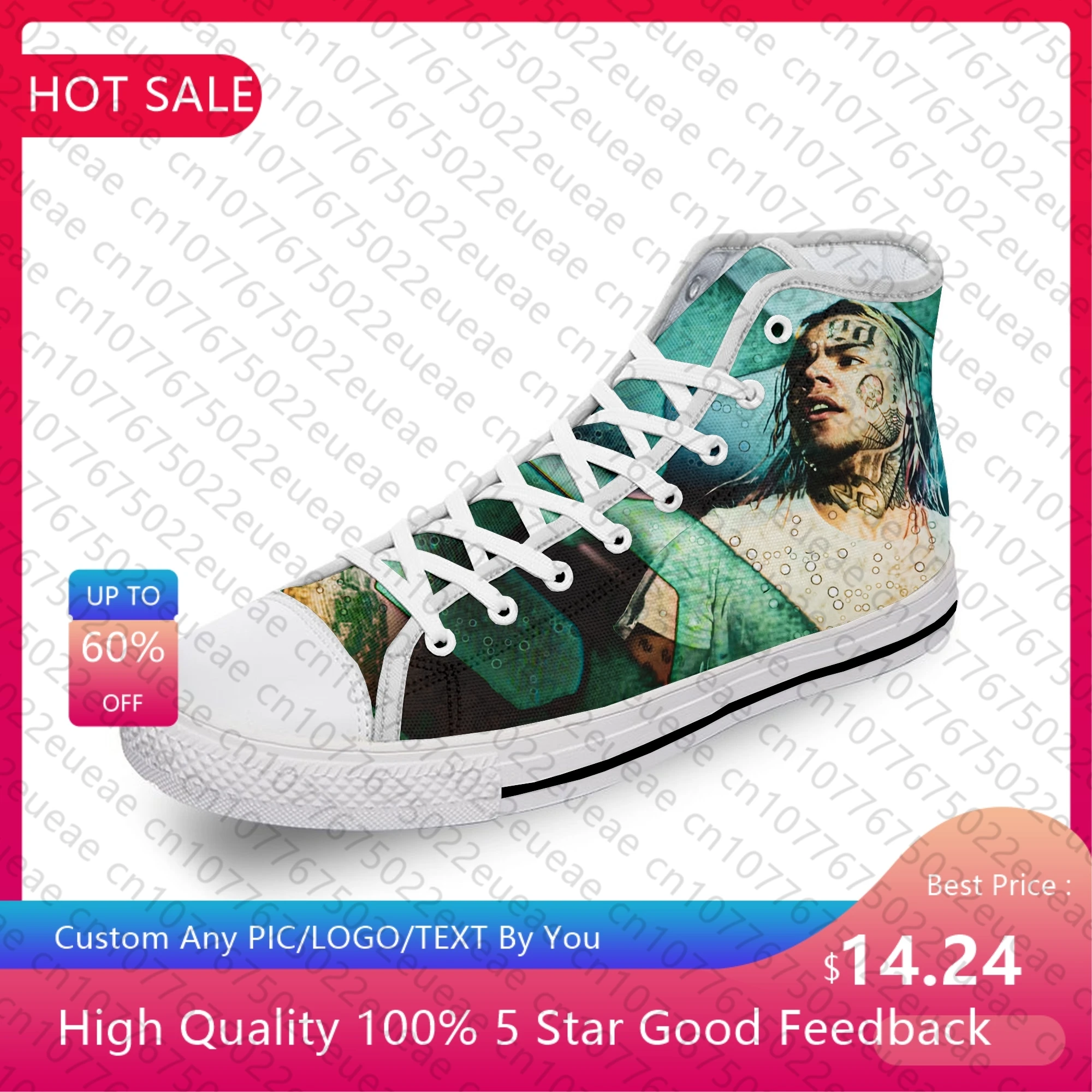 6IX9INE Hip Hop Rapper Rap Music White Cloth Fashion 3D Print High Top Canvas Shoes Men Women Lightweight Breathable Sneakers