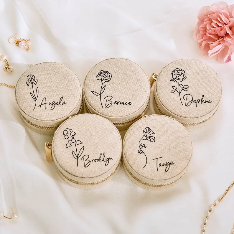 

Linen Personalized Jewelry Box Bridesmaid Gifts Wedding Favors Custom Velvet Jewelry Box Travel Jewelry Case, Bridal Shower Gift