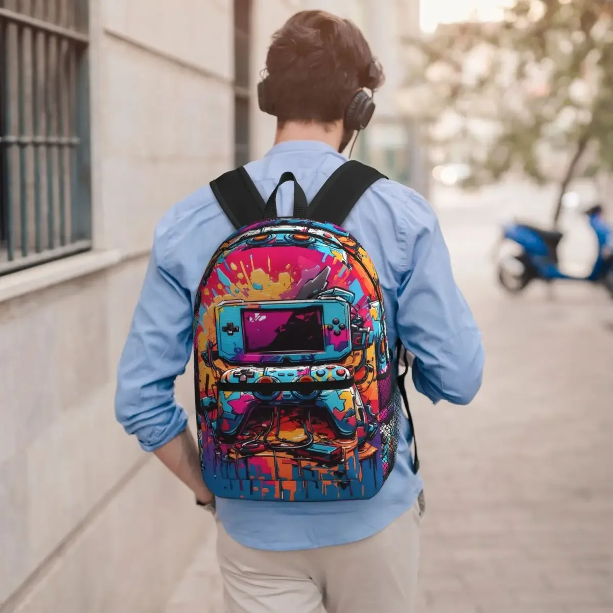 Game Controller Graffiti Design Student Backpack School Bag Hiking Travel Daypack for Boys Girls Bookbag Shoulder Bags