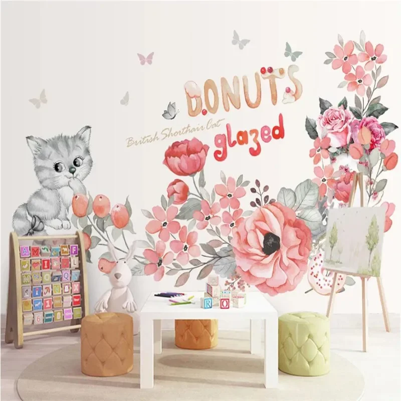 

Cartoon Hand Painted Children's Room Background Mural Wall Paper 3D Cute Kitten Wallpaper for Kids Room Wall Papers Home Decor