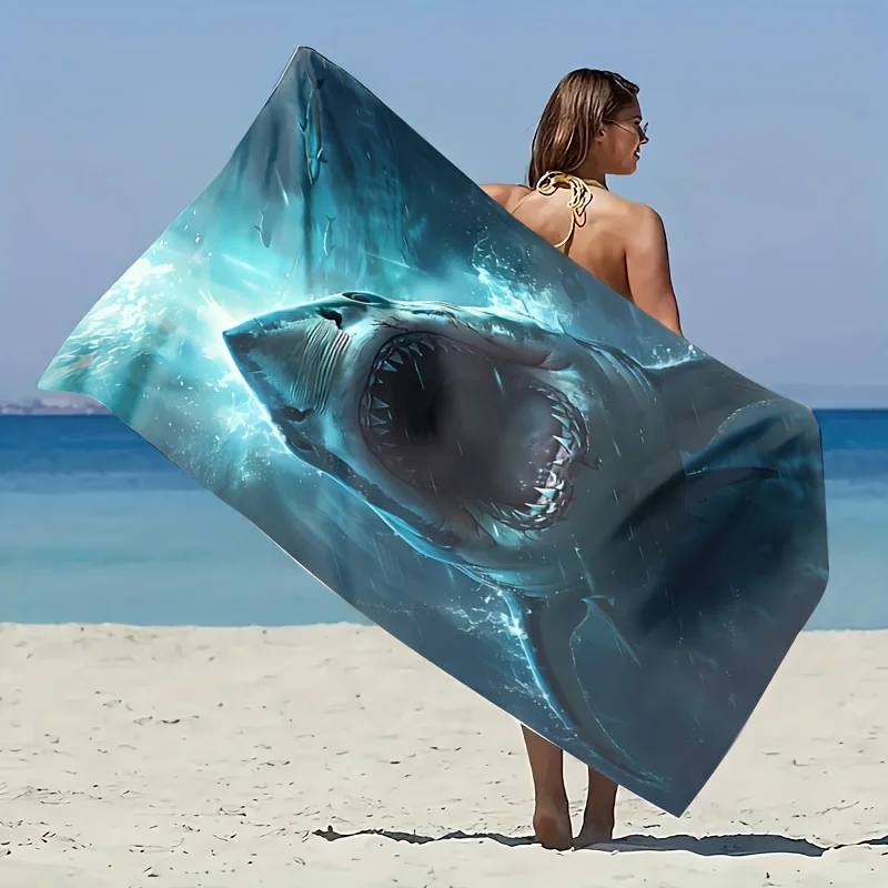 Awesome Great Shark Beach Towel Patterned Sunscreen And Windproof Suitable For Swimming Pool Camping Travel Blanket